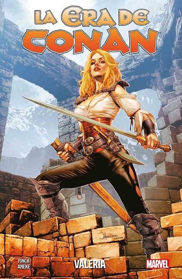 Portada de cómic con Valeria rubia armada con espadas, entre ruinas y murallas, texto “La era de Conan”.